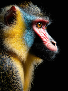 Closeup side portrait of the colourful face of a mandrill on a black background.