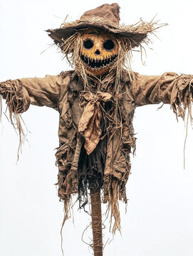 Creepy halloween scarecrow with tattered clothes and straw details isolated on white background.