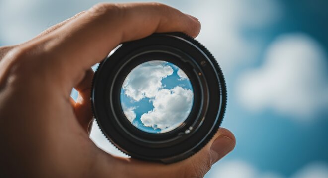 Hand holding a camera lens with a view of clouds in the sky