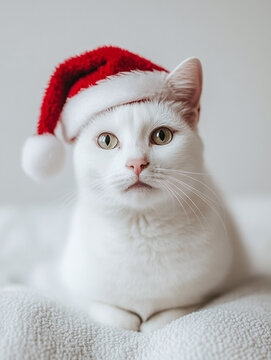 Cute white cat in red santa hat on white background, perfect for holiday projects.
