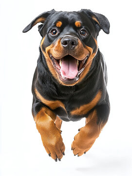 Happy rottweiler dog running with excitement on white background, showcasing the energetic and playful nature of a loyal and strong pet.