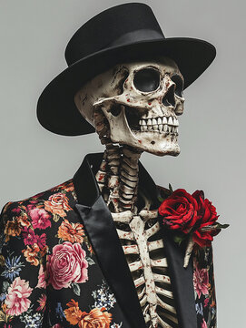 Stylish skeleton wearing a black hat and floral blazer on white background.