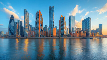 Fototapeta premium Brilliant reflections dance on calm waters as the sun sets, casting a golden glow on the sleek skyscrapers of a bustling modern city, blending nature and architecture harmoniously