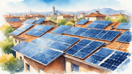 Watercolor painting of solar panels on rooftops on a clear day, symbolizing clean energy production and innovative technology 