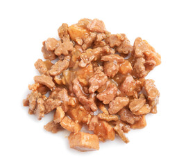 Pieces of wet pet food isolated on white, top view