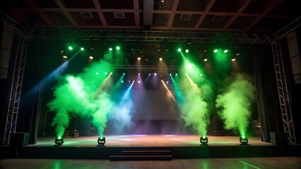 A well-lit stage with vibrant green and blue lighting effects,