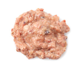 Wet pet food isolated on white, top view