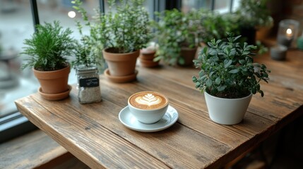 Latte art, plants, cafe window, city view, relaxing