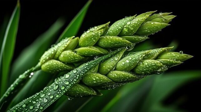 Fresh Grain Drops: A close-up captures the vibrant green grain with dewdrops, illustrating the essence of life. revealing the textures.