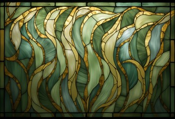 Fototapeta premium Intricately designed stained glass window with flowing leaf-like and wave-like organic shapes in shades of green, accented with gold and white, creating a harmonious and visually appealing pattern