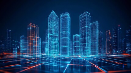 Futuristic city skyline, digital network, night view, architectural visualization, stock image