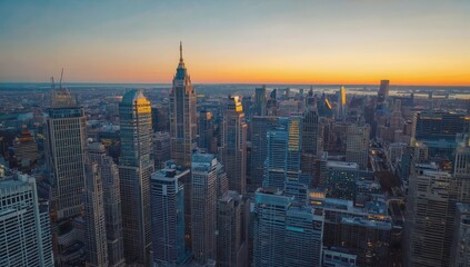 Obraz premium Aerial View of Vibrant City Skyline at Sunset