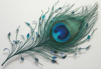 Intricate peacock feather design with vivid shades of blue and green, featuring a prominent eye pattern surrounded by delicate strands, set against a plain light background
