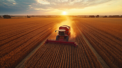 Fototapeta premium A vibrant combine harvester works diligently in expansive fields as the sun sets, casting a golden light that highlights the rich crops. Dust swirls gently, creating a magical atmosphere