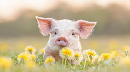 Cute Piglet in a Field of Dandelions