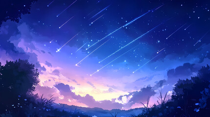 Anime illustration of a night sky with shooting stars, featuring a deep blue color palette