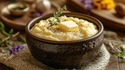 Delicious creamy mashed potatoes topped with butter and fresh herbs in a rustic wooden bowl on a textured background
