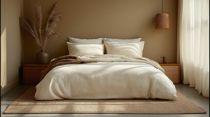 A tranquil bedroom features a plush white bed adorned with soft linens and blankets