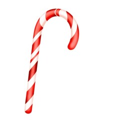 Watercolor illustration of a red and white candy cane with a traditional twisted design. Ideal for holiday themes, festive decorations, and Christmas projects. Perfect Any Project.