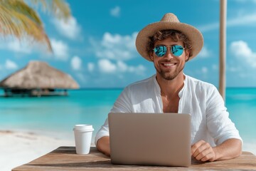 Successful entrepreneur enjoys remote work on a tropical beach with laptop and coffee, waves gently rolling in the background