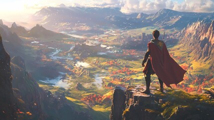 Epic heroic journey fantasy landscape digital art vibrant nature elevated perspective adventure awaits