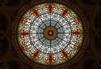 Obraz premium Ornate stained glass ceiling with circular floral motifs and vibrant colors of red, orange, yellow, blue, and green, creating a symmetrical and intricate design perfect for historical and grand archit