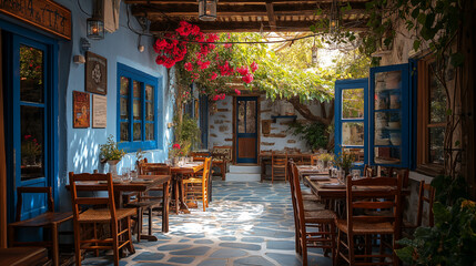 Fototapeta premium A cozy outdoor dining area invites guests to enjoy delicious meals under a canopy of blooming flowers. Sunlight streams through, enhancing the tranquil atmosphere in a lovely setting