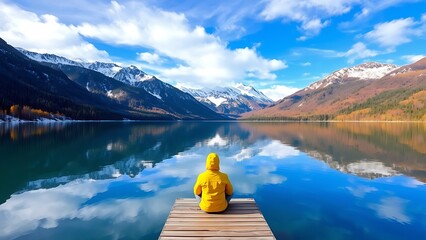 Fototapeta premium Serene lake meditation with a monk sitting on a wooden pier, reflecting mountains and sky in a peaceful natural landscape