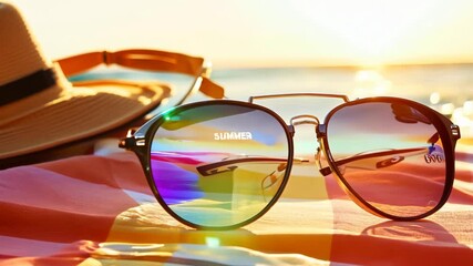 Summer reflections: sunglasses reveal vibrant seaside sale at sunset. Animated text "Summer sale"