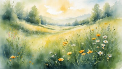 Fabulous picture of wild flowers in watercolor painting: a peaceful landscape of a bright field against a background of forest and mountains