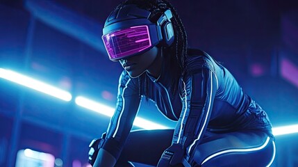 Naklejka premium A futuristic athlete dons advanced VR gear while crouching in a neon-lit environment, ready for an immersive experience.
