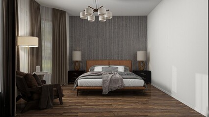 The bedroom features a sleek modern design with wooden flooring, a neutral color scheme, a comfortable bed, cozy lighting, and elegant curtains for a peaceful atmosphere