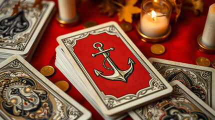 Lenormand cards face down, with one card showing an anchor facing up, placed on a red tablecloth with candles and golden coins