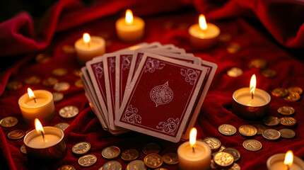 Lenormand oracle cards face down on a red tablecloth, surrounded by white candles and golden coins