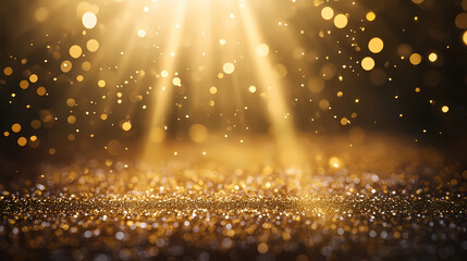 Abstract golden light rays background with bokeh lights and glitter particles, a luxurious abstract backdrop