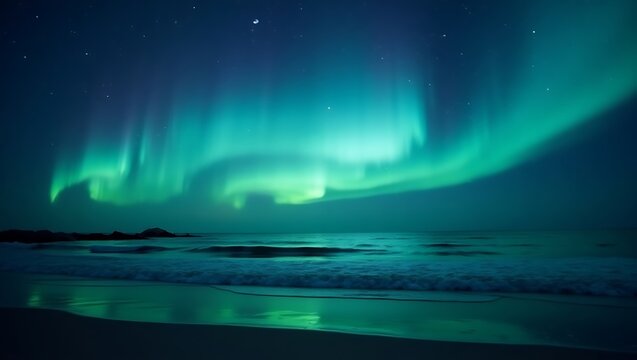 Aurora Borealis over Serene Beach at Night