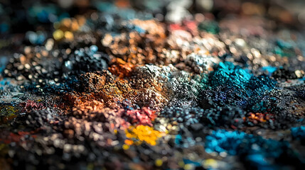 Textured oil paints on artist's palette, close-up view, studio background, for creative design