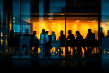 Group of businesspeople negotiating in modern conference room, blurred silhouettes view, meeting behind closed glass doors. Business communication, workflow, decision-making, strategy sharin