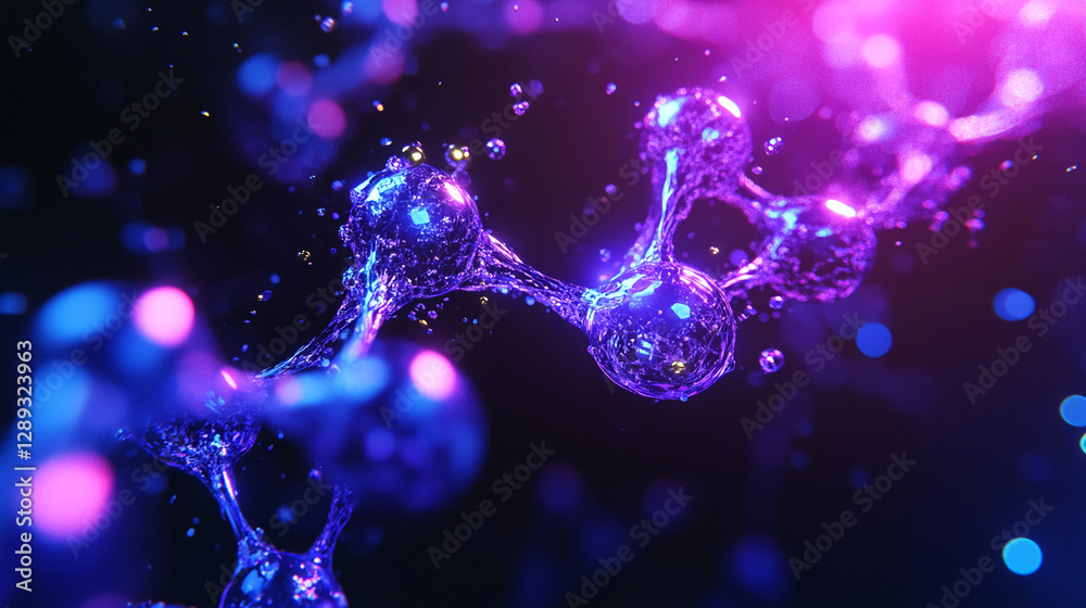Aufkleber close-up of glowing molecular structures interconnected by vibrant particles, symbolizing innovation