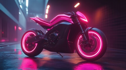 Futuristic neon-lit motorcycle stands in an urban setting surrounded by dramatic lighting and reflections