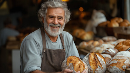 Artisan baker joyfully showcases his handmade loaves, showcasing a rustic charm in a cozy village bakery. Sunlight bathes the warm breads, creating an inviting atmosphere