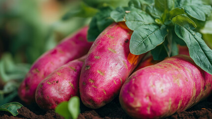 Lush purple sweet potatoes peek from dark, fertile soil, accompanied by vibrant green leaves under the warm glow of the setting sun, showcasing nature's bounty and beauty