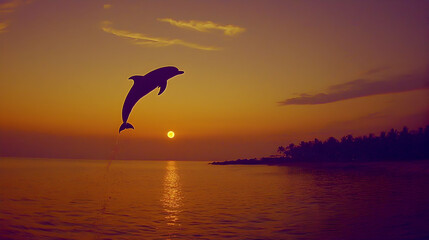 Fototapeta premium Dolphin leaping sunset ocean tropical island silhouette