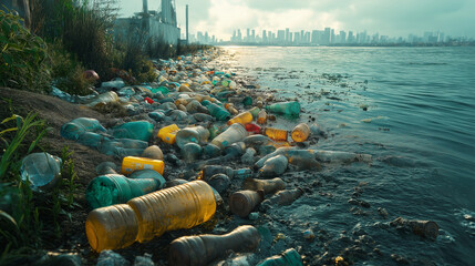 Discarded plastic bottles and debris litter the water's edge, creating a stark contrast against the city skyline. The twilight sky casts a muted light, drawing attention to environmental pollution