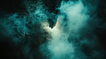 Fototapeta premium Teal green-blue grainy color gradient background with a glowing noise texture, perfect for cover headers or posters. The soothing blend and subtle glow evoke calmness and tranquility. 