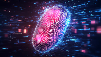 Futuristic biometric fingerprint scan with glowing digital authentication security encryption cyber identity verification data protection and advanced ai technology for privacy and access control