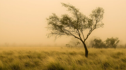 Fototapeta premium Lone tree in misty Australian outback grassland, windswept, hazy sunrise, nature background, website header