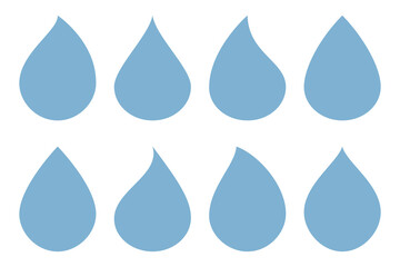 Set of blue water droplet silhouette. Drop simple icon. Rain drops various shapes flat design isolated on white. Element for logo, sticker, cosmetic package, forecast graphic Design