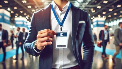 Business Professional Holding ID Card at Conference