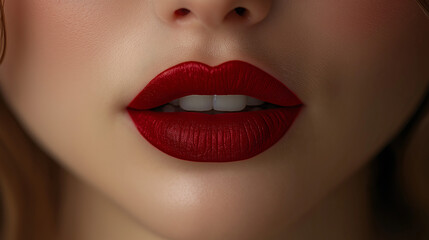 Fototapeta premium Close-up of perfectly applied red lipstick on full lips showcases artistry and elegance. This captivating look highlights the beauty in detail, inviting admiration and attention